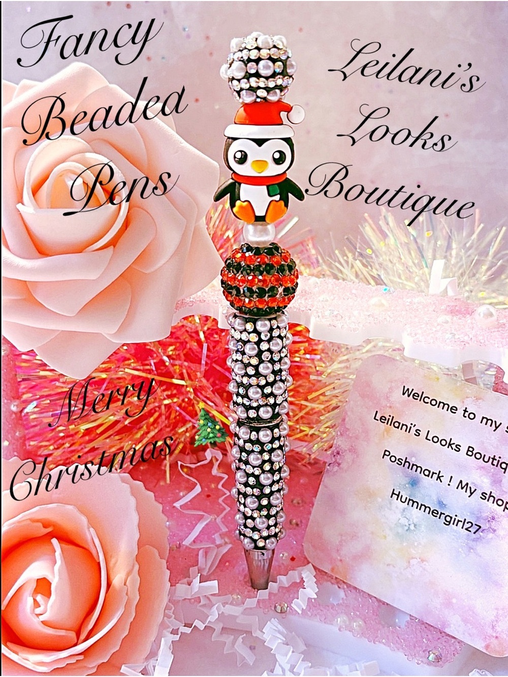 Christmas Penguin Beaded Pen/Handmade beaded pen with penguin with Santa hat